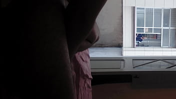 Blond neighbor can't leave window watching me naked with hard dick. Full exposed high risky